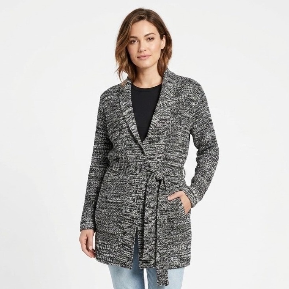 Daisy Fuentes Cardigan Women XL Onyx Combo Marled Knit Belted Open Front Sweater